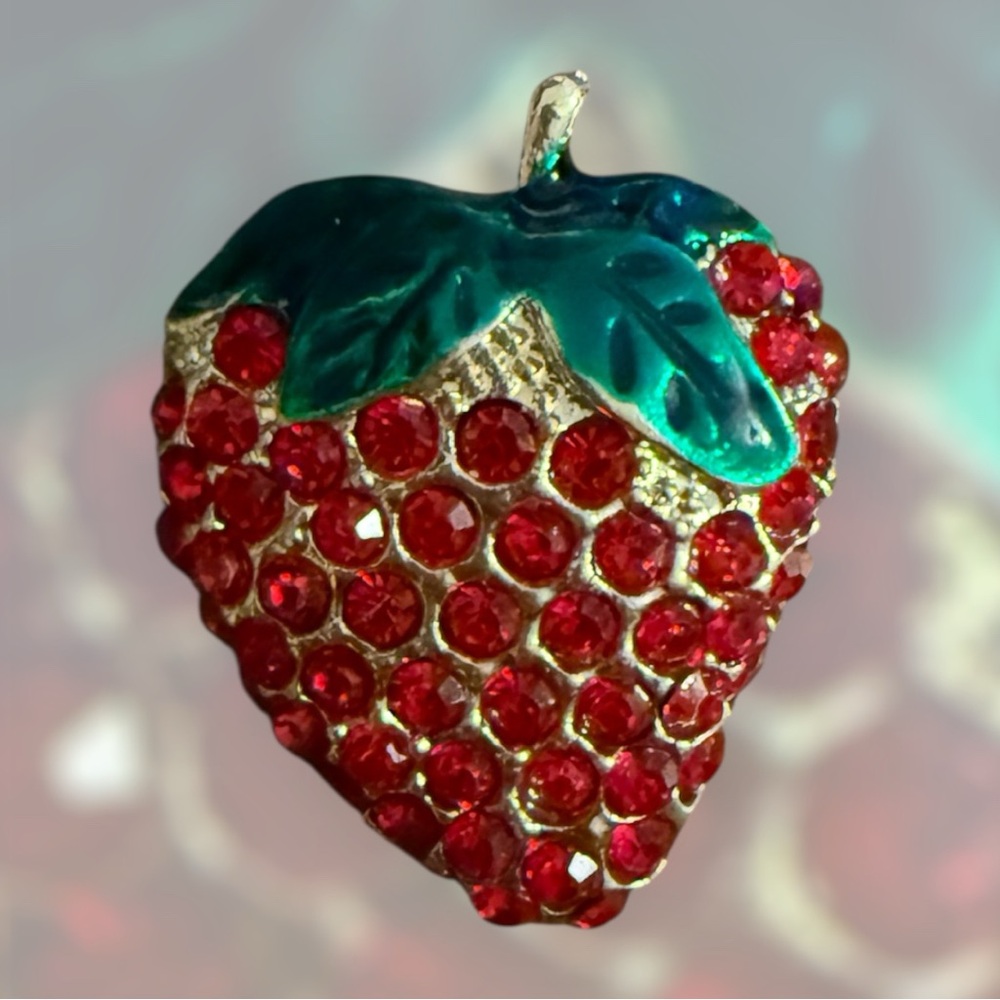 Mint Strawberry Brooch with Red Rhinestones